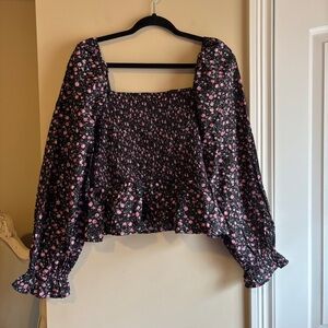 Women's Black Floral Smocked Square-Neck Top